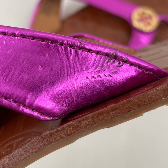 Tory Burch Thora Fuchsia Pink Leather Thong Sandals Metallic Mirror Metal Size 6 - Picture 10 of 12